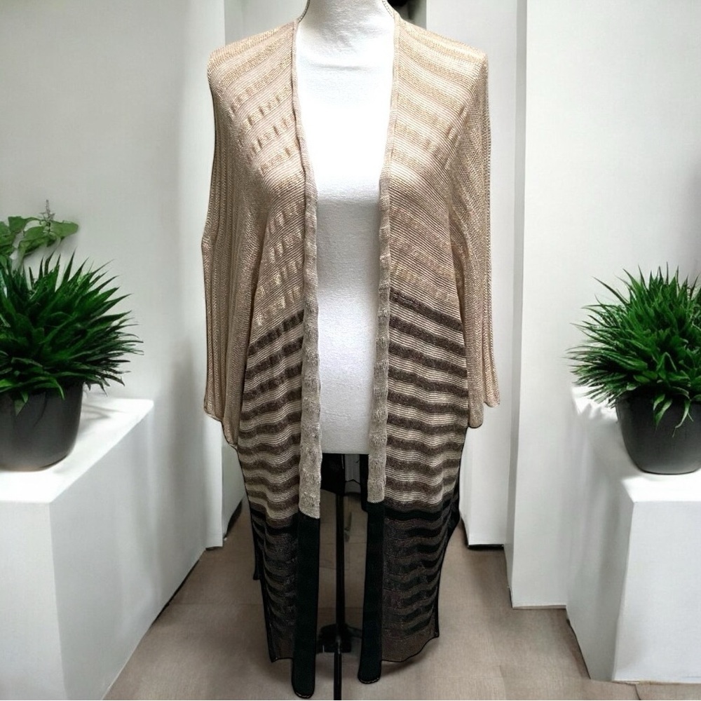 J. Jill Lightweight Waterfall Front Striped Tan & Black Cardigan‎